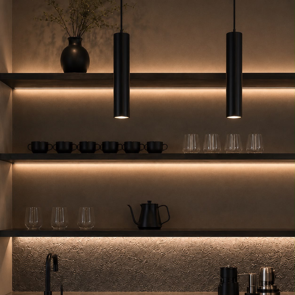 Detalle de iluminación y repisas de Café CDMX
