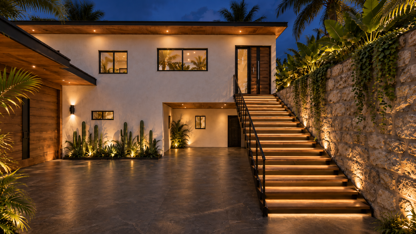 Casa Tecate: Patio y escalera de noche — propuesta de diseño