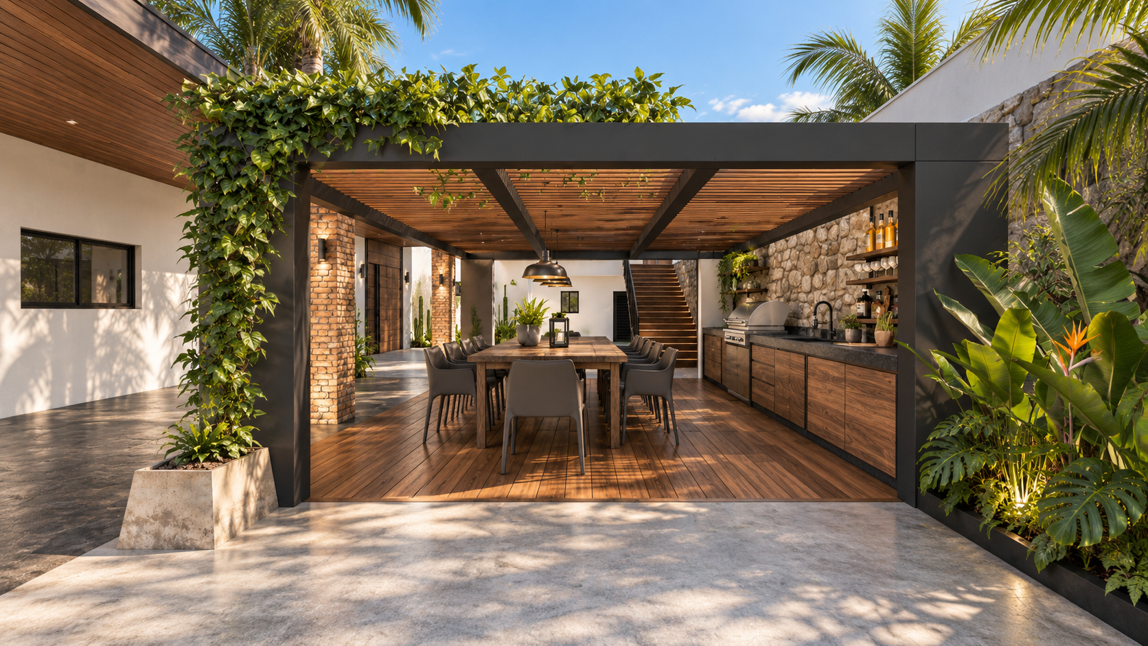 Casa Tecate: Patio con pérgola y comedor — propuesta de diseño
